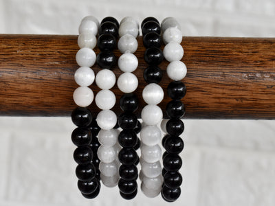 Yin Yang Balance Crystal Bracelet, Selenite, Black Tourmaline Crystal Healing Spiritual Support Balance