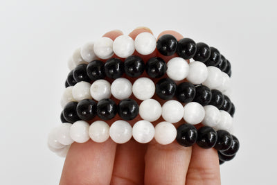 Yin Yang Balance Crystal Bracelet, Selenite, Black Tourmaline Crystal Healing Spiritual Support Balance