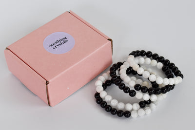 Yin Yang Balance Crystal Bracelet, Selenite, Black Tourmaline Crystal Healing Spiritual Support Balance