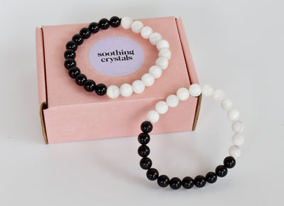 Yin Yang Balance Crystal Bracelet, Selenite, Black Tourmaline Crystal Healing Spiritual Support Balance