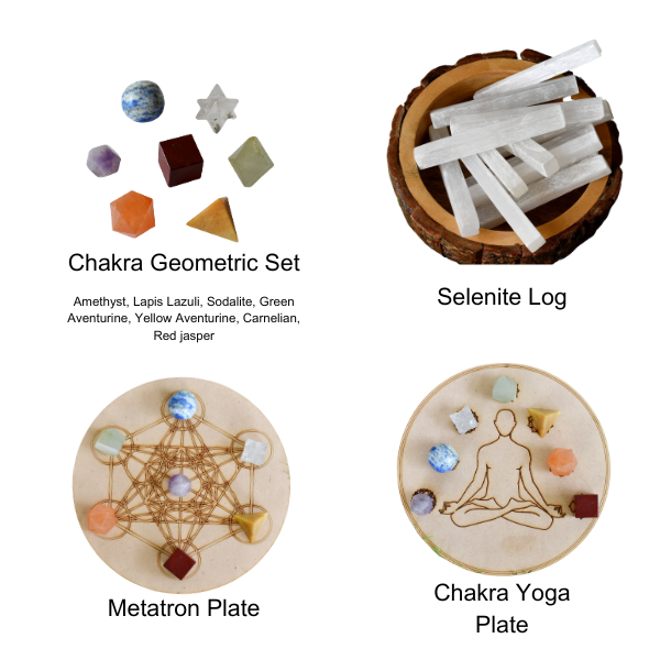 Chakra Crystals Geometric Set, 7 Chakra Plato Stones with Wooden Grid Plate, Selenite Log