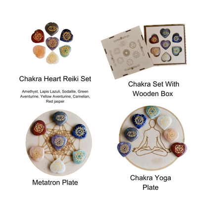 Chakra Crystals Set, Heart Shaped Reiki 7 Chakra Stones Set, Wooden Grid Plate, Selenite Log