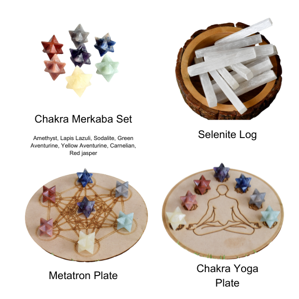 7 Chakra Merkaba Set,  Chakra Crystals Set with Wooden Grid Plate, Selenite Log