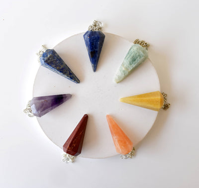 Seven Chakra Crystal Pendulum with Wooden Grid Plate, Selenite Log