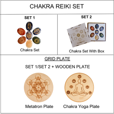 Chakra Crystals Set, Oval Reiki 7 Chakra Stones Set, Wooden Grid Plate, Selenite Log