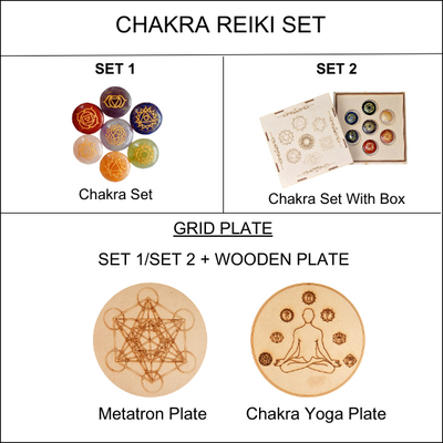 Chakra Crystals Set, Round Reiki 7 Chakra Stones Set, Wooden Grid Plate, Selenite Log