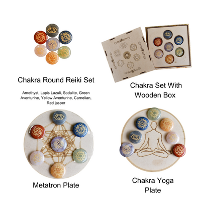 Chakra Crystals Set, Round Reiki 7 Chakra Stones Set, Wooden Grid Plate, Selenite Log