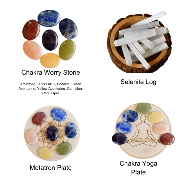 7 Chakra Crystals Worry Stones Set with Wooden Grid Plate, Selenite Log