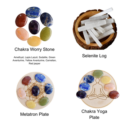 7 Chakra Crystals Worry Stones Set with Wooden Grid Plate, Selenite Log