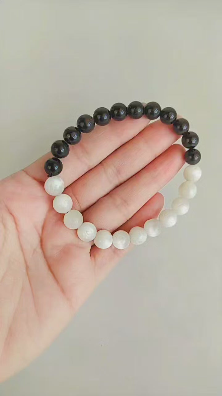 Yin Yang Balance Crystal Bracelet, Selenite, Black Tourmaline Crystal Healing Spiritual Support Balance