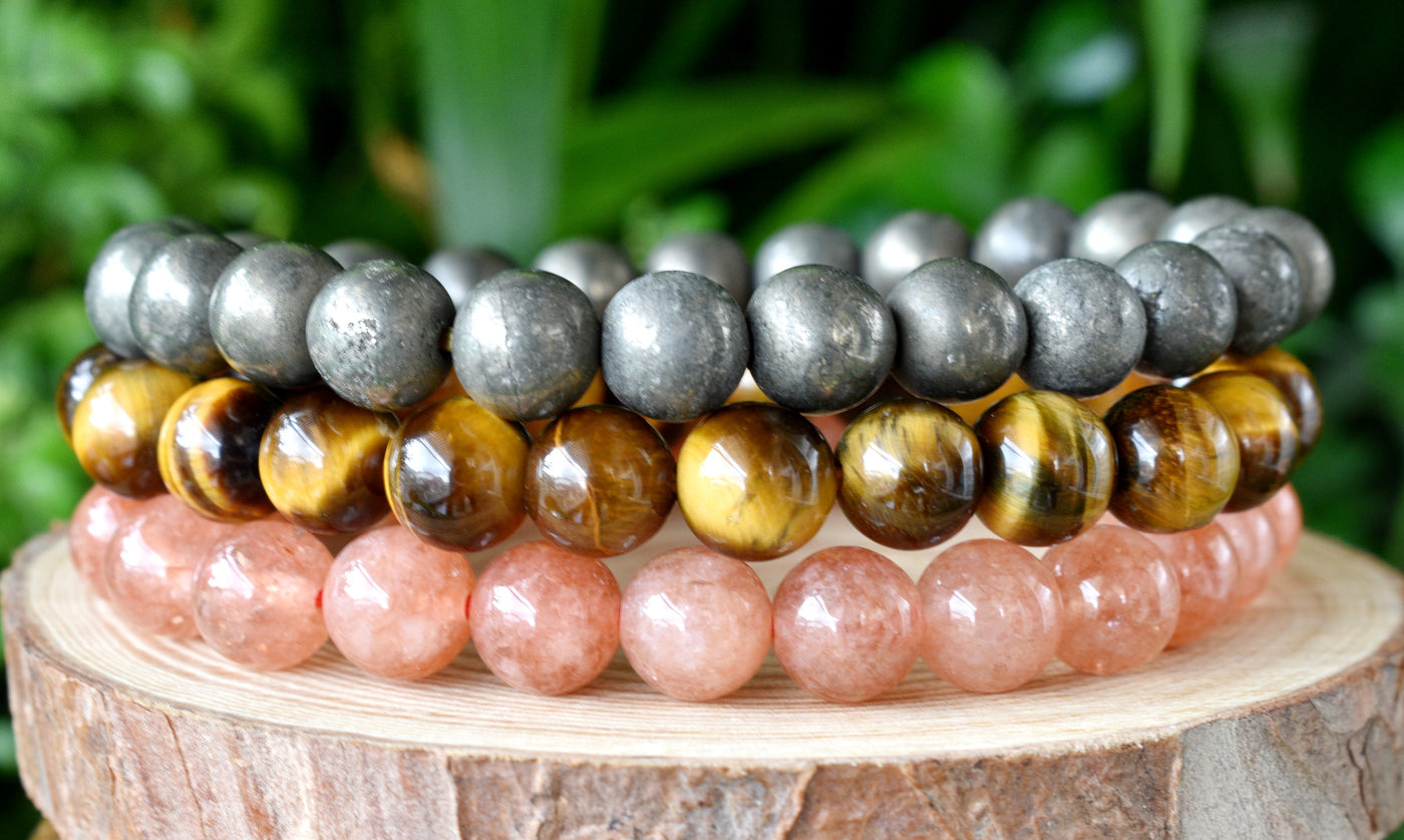 Leo Zodiac Bracelet Set, Crystal Sunstone, Tiger Eye, Pyrite Zodiac Bracelet