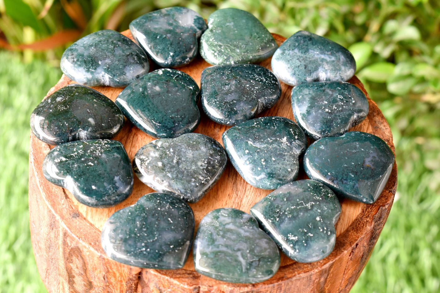 Moss Agate Heart Crystal, Puffy Mini 1 Inch Pocket Crystal Heart