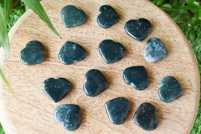 Moss Agate Heart Crystal, Puffy Mini 1 Inch Pocket Crystal Heart