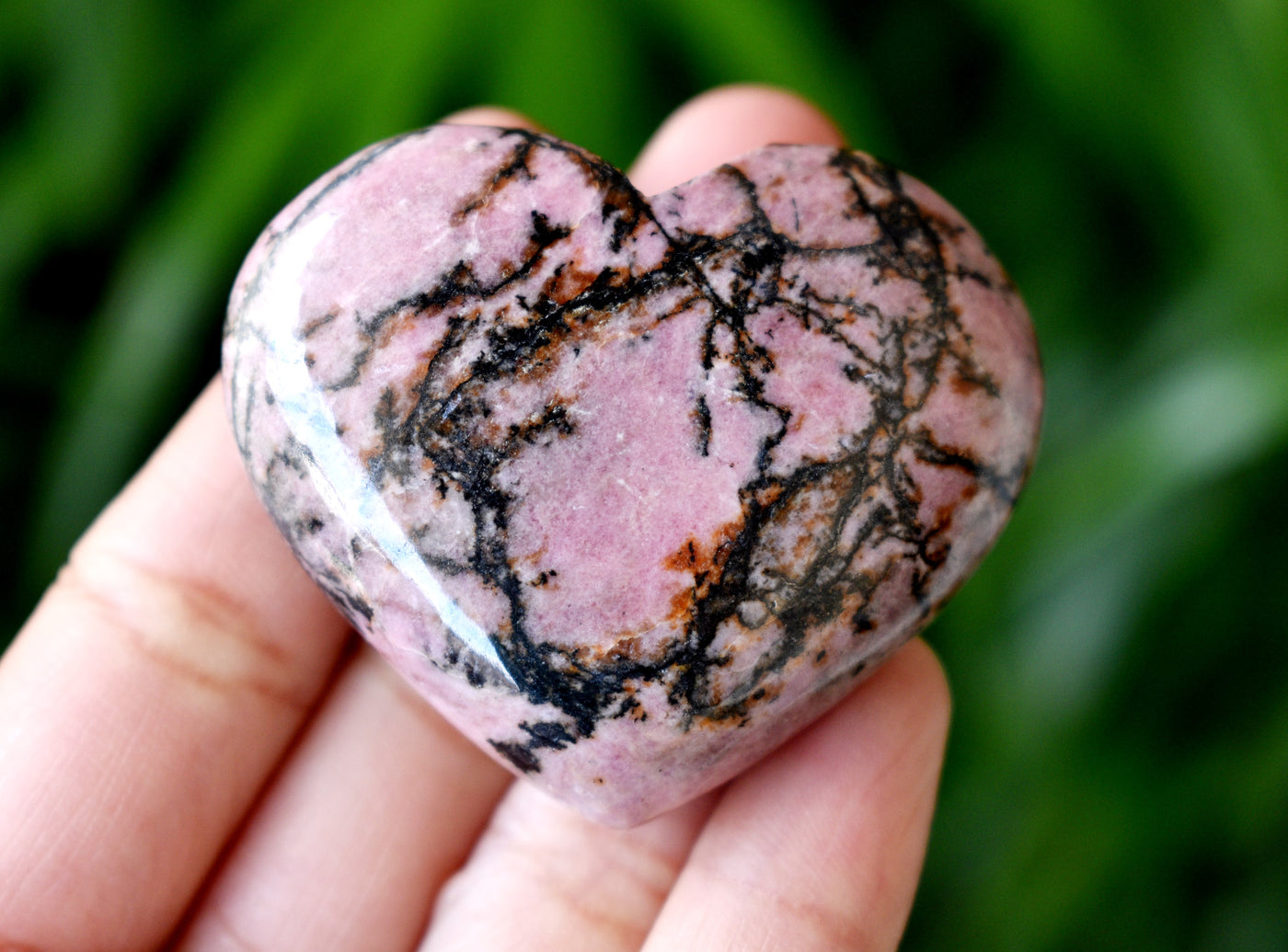 Polished Rhodonite Heart Crystal, 2 Inch Pocket Heart Large Puffy Crystal Heart