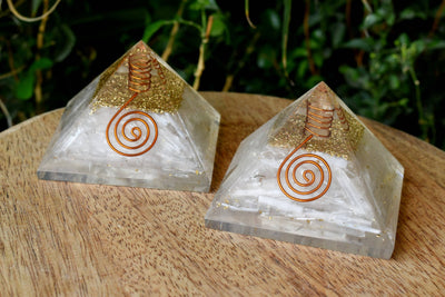 Selenite Orgone pyramid with Clear Quartz Crystal Pencil