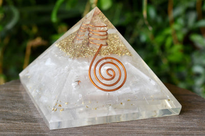 Selenite Orgone pyramid with Clear Quartz Crystal Pencil