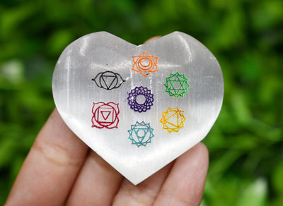 2" Selenite Heart with 7 Chakra Symbols