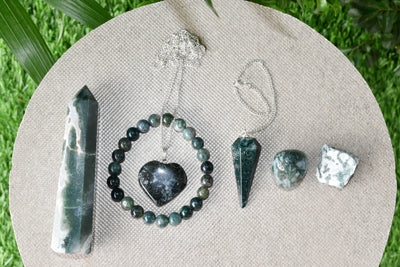 Moss Agate Crystal Gift Set For Emotional Support and Protection, Real Polished Gemstones.