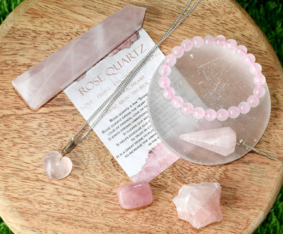 Rose Quartz Crystal Gift Set For Emotional Support and Protection, Real Polished Gemstones.