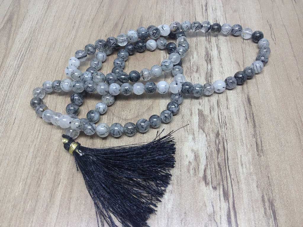 One (1) Natural 6mm Black Rutile Mala With 108 Prayer Beads For Mediation Tibetan Mala Black Rutile Jap mala Necklace ~ JP111