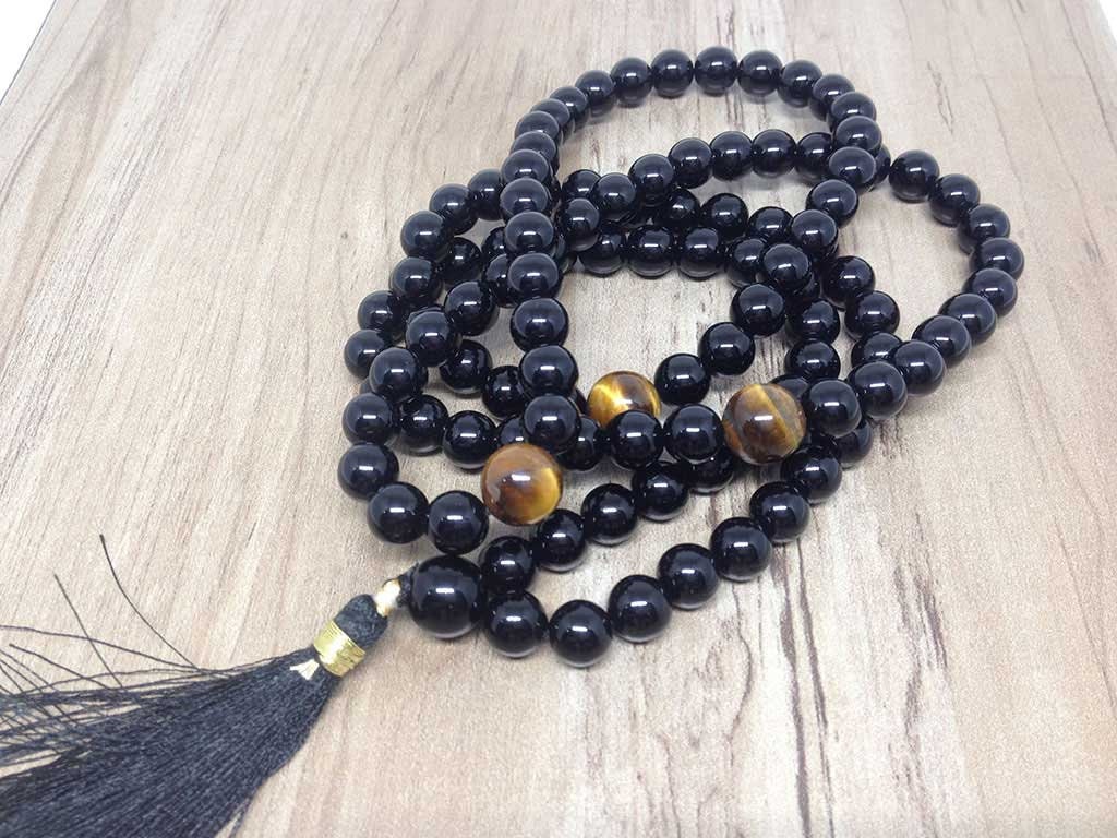 One (1) Natural 8mm Black Onyx With 3 Tiger Eye Beads Mala With 108 Prayer Beads ~ JP505