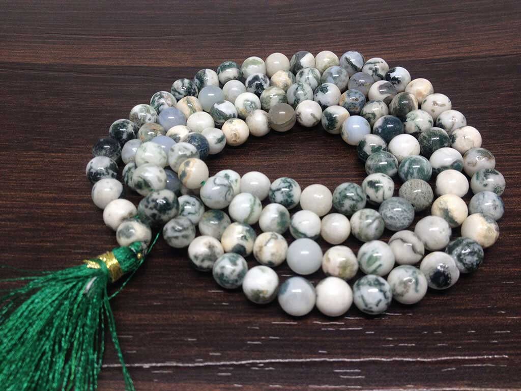 One (1) Natural 8mm Tree Agate Tibetan Jap Mala With 108 Prayer Beads Perfect For Mediation Spiritual Well Being ~ JP542