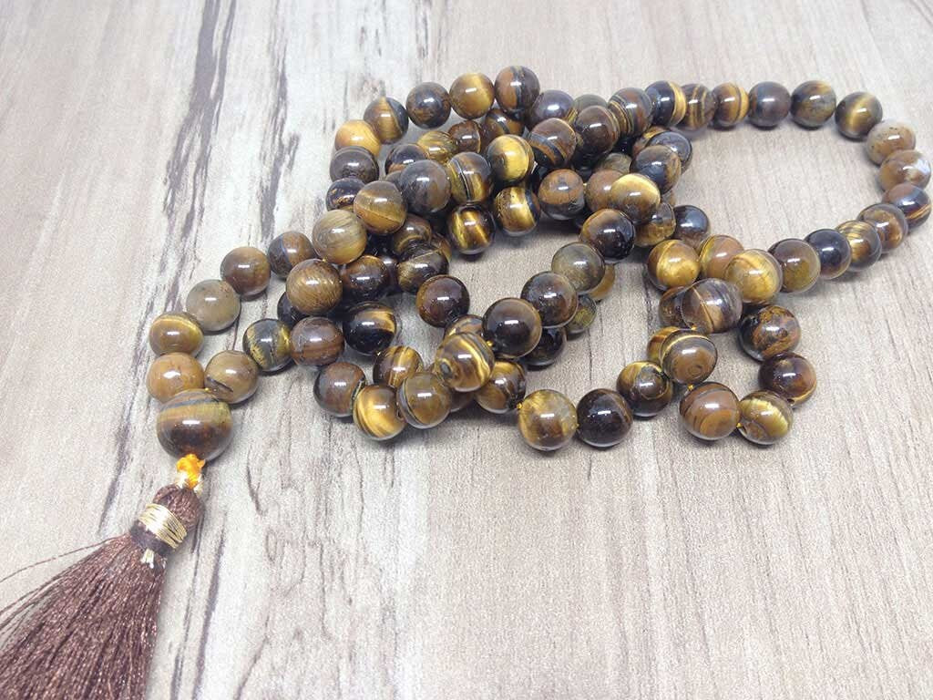 One (1) Natural 8mm Tiger Eye Mala With 108 Prayer Beads For Mediation Tibetan Mala Tiger Eye Jap mala Necklace ~ JP540