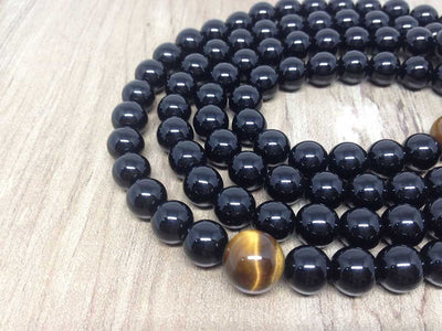 One (1) Natural 8mm Black Onyx With 3 Tiger Eye Beads Mala With 108 Prayer Beads ~ JP505