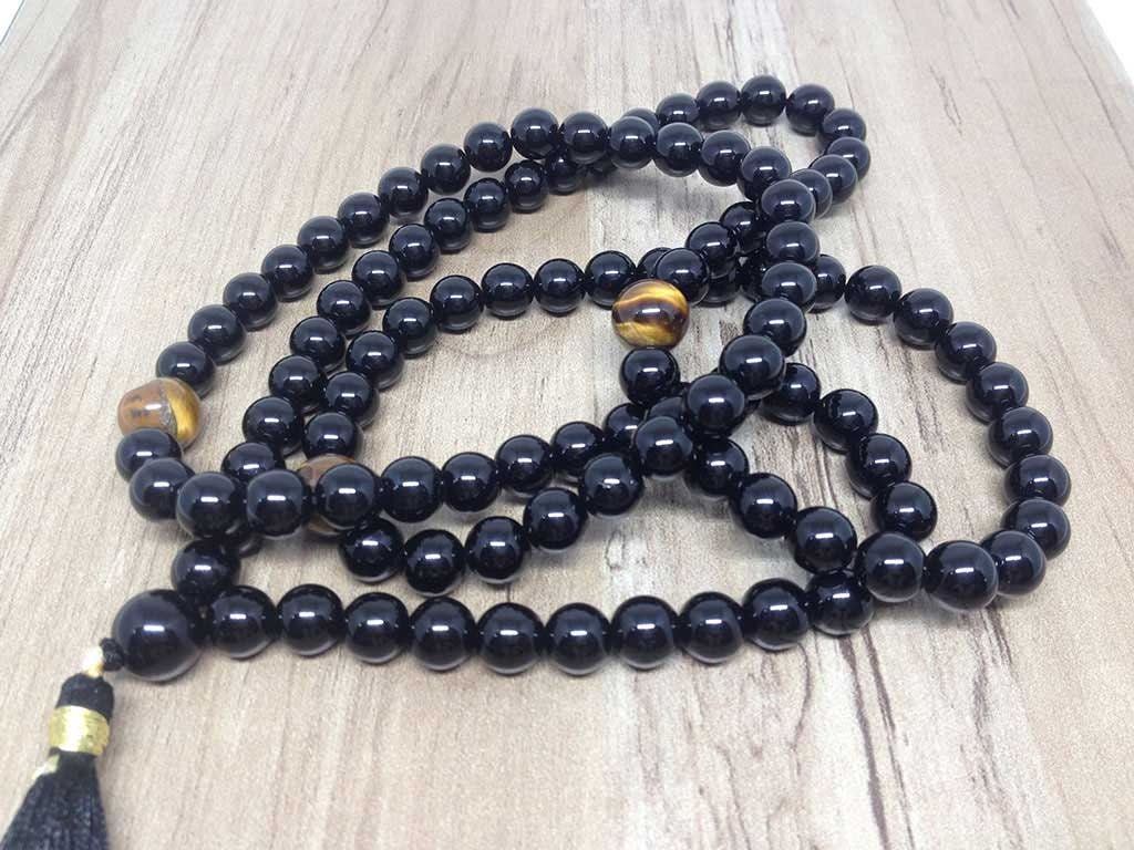 One (1) Natural 8mm Black Onyx With 3 Tiger Eye Beads Mala With 108 Prayer Beads ~ JP505