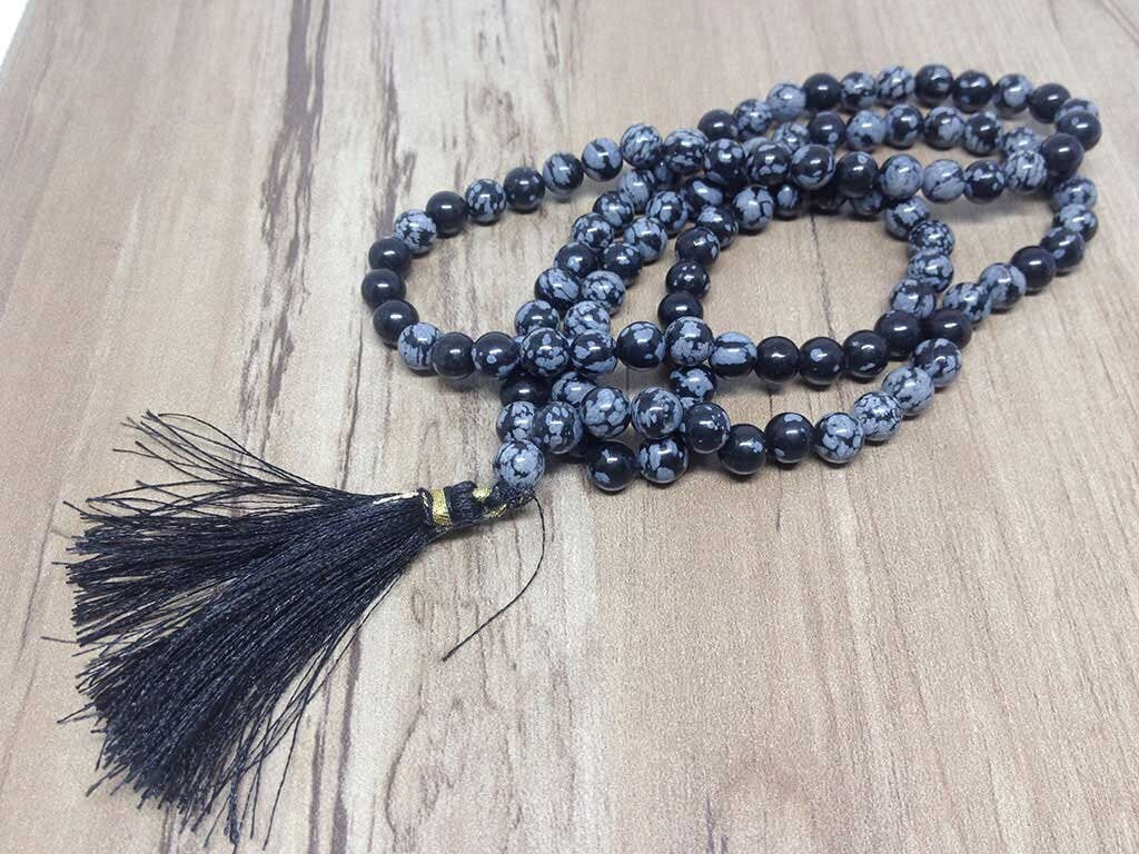 One (1) Natural 6mm Snowflake Black Obsidian Mala With 108 Prayer Beads Perfect For Mediation Snowflake Black Obsidain Jap Mala ~ JP164