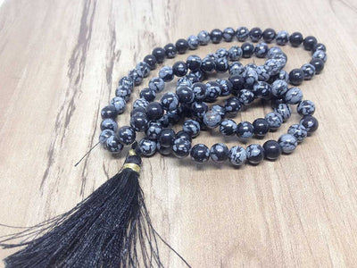 One (1) Natural 6mm Snowflake Black Obsidian Mala With 108 Prayer Beads Perfect For Mediation Snowflake Black Obsidain Jap Mala ~ JP164