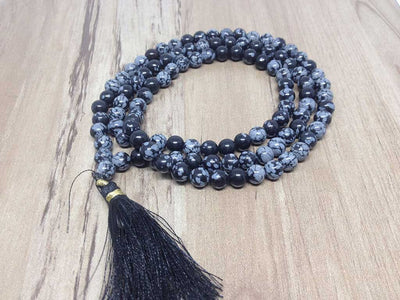 One (1) Natural 6mm Snowflake Black Obsidian Mala With 108 Prayer Beads Perfect For Mediation Snowflake Black Obsidain Jap Mala ~ JP164