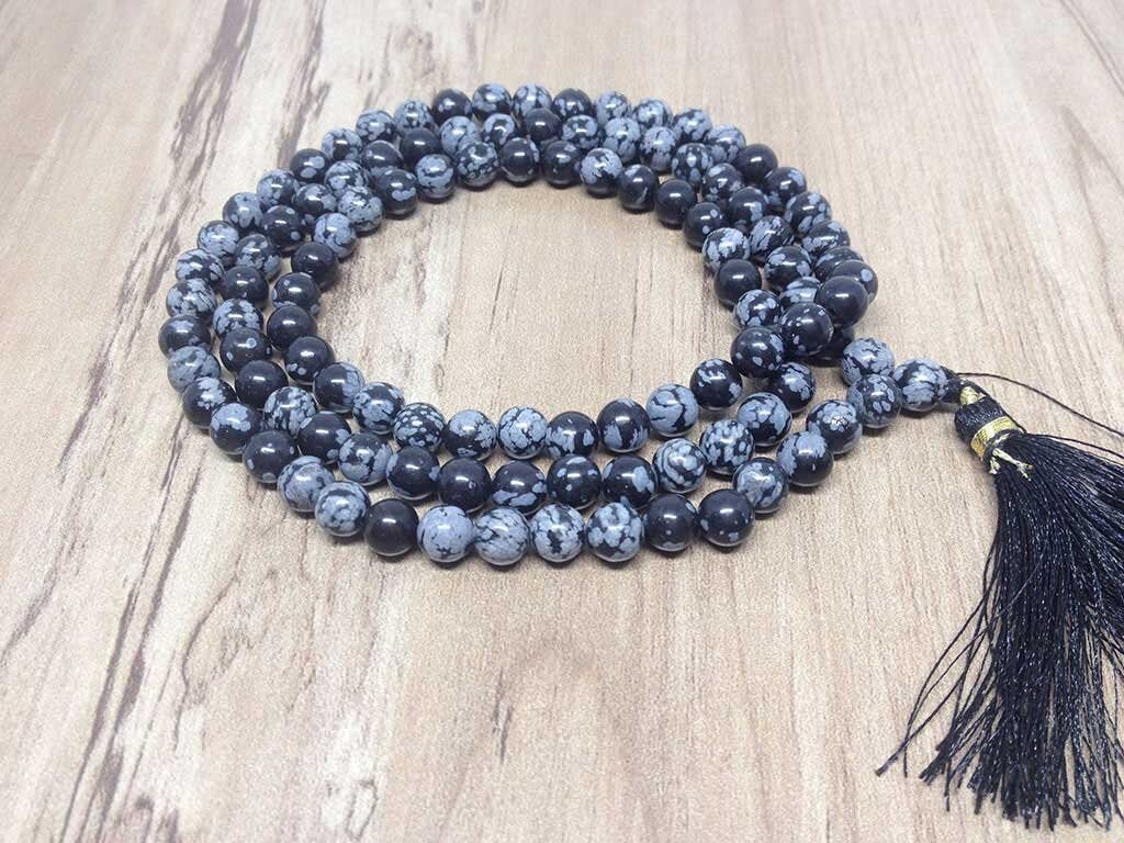 One (1) Natural 6mm Snowflake Black Obsidian Mala With 108 Prayer Beads Perfect For Mediation Snowflake Black Obsidain Jap Mala ~ JP164