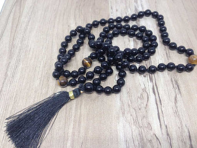 One (1) Natural 6mm Black onyx With 3 Tiger Eye Beads Knotted Mala With 108 Prayer Beads For Mediation Tibetan Mala Jap Mala ~ JP109