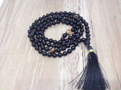 One (1) Natural 6mm Black onyx With 3 Tiger Eye Beads Knotted Mala With 108 Prayer Beads For Mediation Tibetan Mala Jap Mala ~ JP109