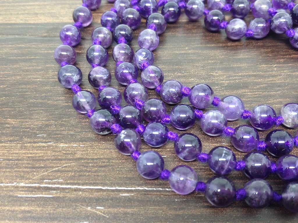 One (1) Natural 6mm Amethyst Knotted Mala With 108 Prayer Beads For Mediation