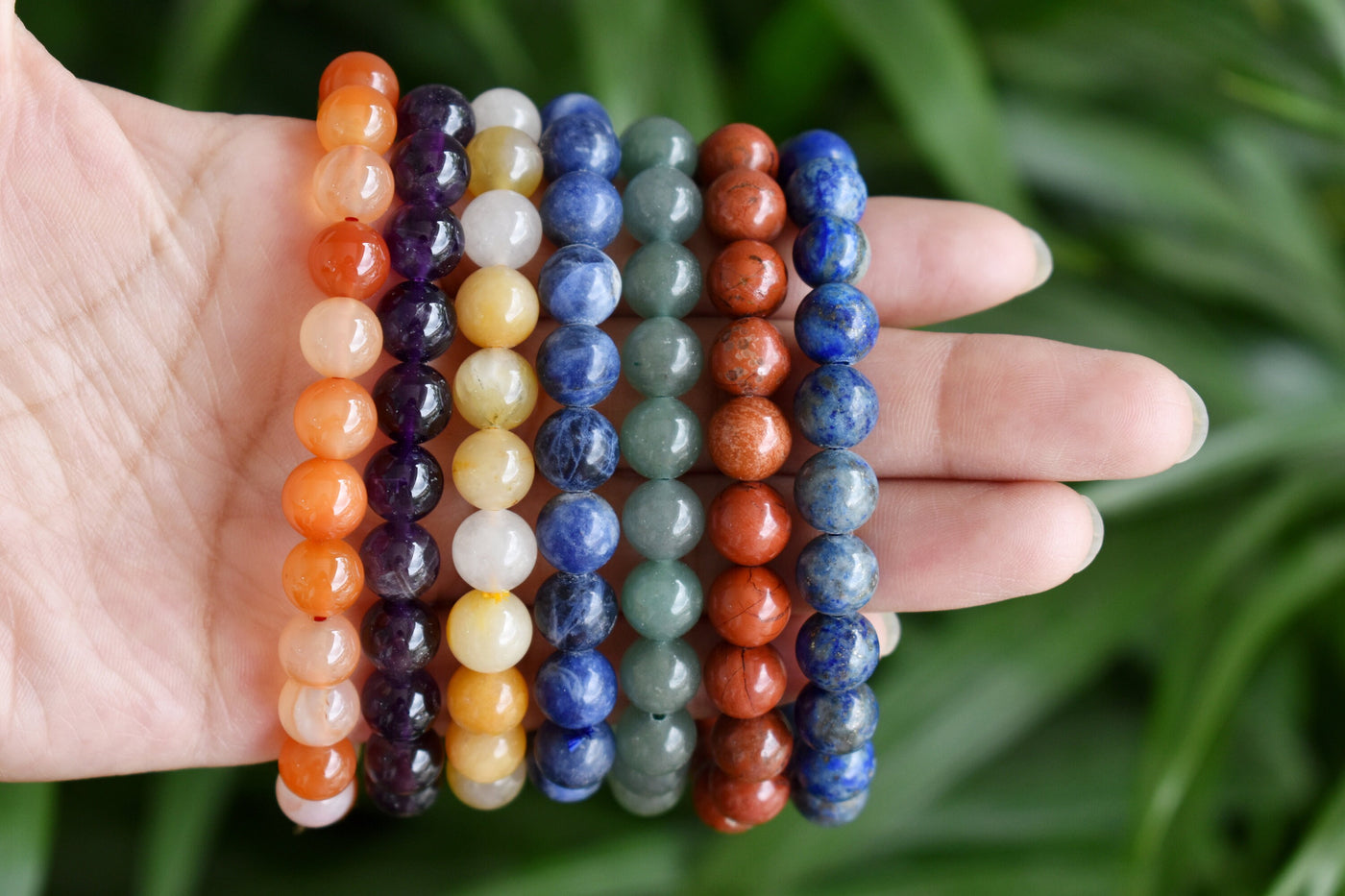 Dainty Natural Polished 8mm Round 7 Chakra Crystals Bracelet Set