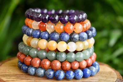 Dainty Natural Polished 8mm Round 7 Chakra Crystals Bracelet Set