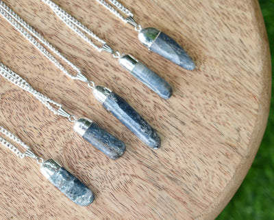 Kyanite Rough Stone Pendants, Natural Raw Electroplated Silver Gemstone Charms