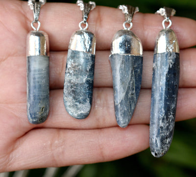 Kyanite Rough Stone Pendants, Natural Raw Electroplated Silver Gemstone Charms